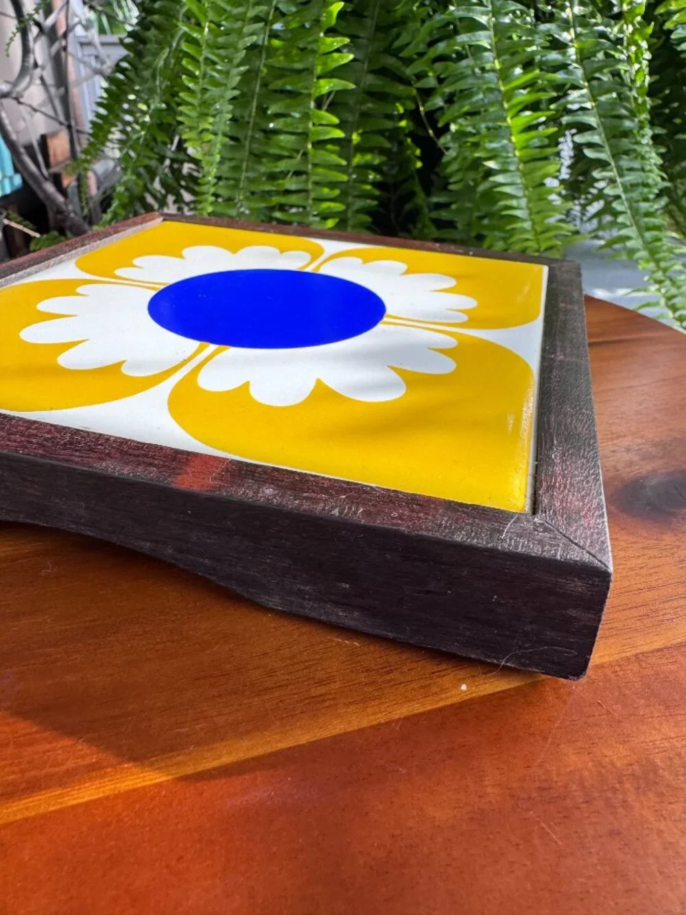 Vintage MCM Ceramic Tile Trivet Wood Frame Flower Power Hot Plate Made in Brazil
